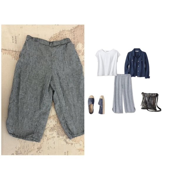 Coldwater Creek Pants - Coldwater Creek Striped Linen Wide-Leg Crops Size PM Black /Cream